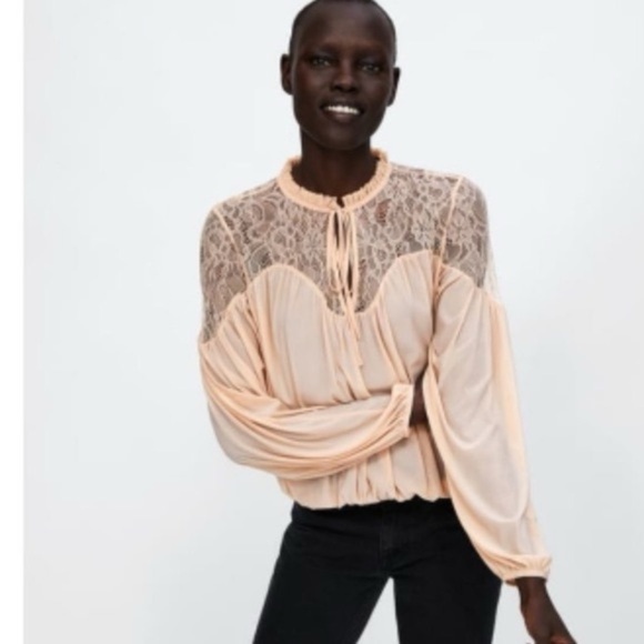 Zara Balloon Sleeve Blouse Lace Yoke - Picture 2 of 11